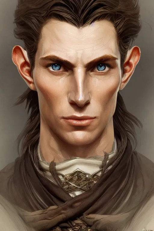 Prompt: up close portrait of a male wood elf, d & d, face, fantasy, intricate, elegant, highly detailed, digital painting, artstation, concept art, smooth, sharp focus, illustration, art by artgerm and greg rutkowski and alphonse mucha