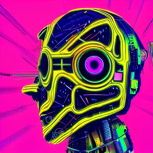 Image similar to hyperdetailed portrait of a futuristic atompunk robot head, 8 k, symetrical, flourescent colors, halluzinogenic, multicolored tshirt art, black background