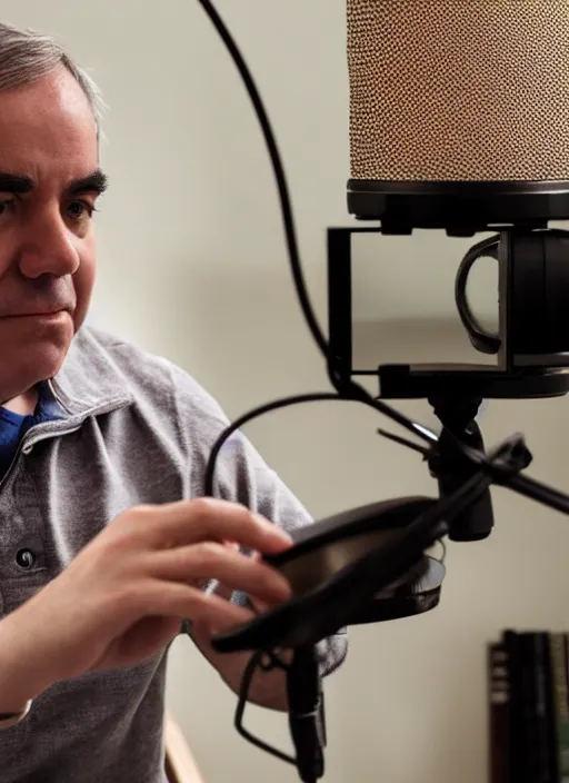 Prompt: photograph of thomas aquinas recording a podcast wearing headphones 8k UHD detailed 85mm CANON EOS