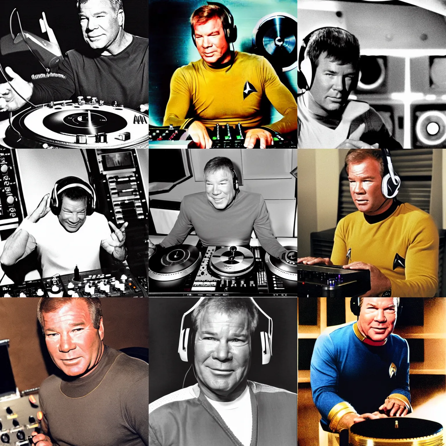 Prompt: captain kirk william shatner wearing headphones DJing with DJ turntables, photoreal