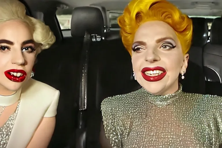 Image similar to lady gaga and judy garland doing carpool karaoke, lady gaga and judy garland, carpool karaoke, lady gaga, judy garland, carpool karaoke, youtube video screenshot, the late late show with james corden, higly realistic, high resolution, dashcam