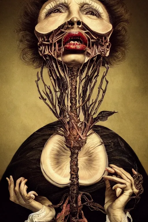 Image similar to Detailed maximalist portrait of a beautiful old woman with large lips and eyes, scared expression, botanical skeletal with extra flesh, HD mixed media, 3D collage, highly detailed and intricate, surreal illustration in the style of Caravaggio, dark art, baroque, centred in image