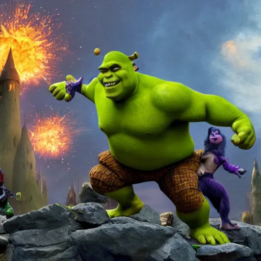 Prompt: Shrek fighting Thanos, trending on artstation, masterpiece, epic fight, establishing shot, oil on canvas