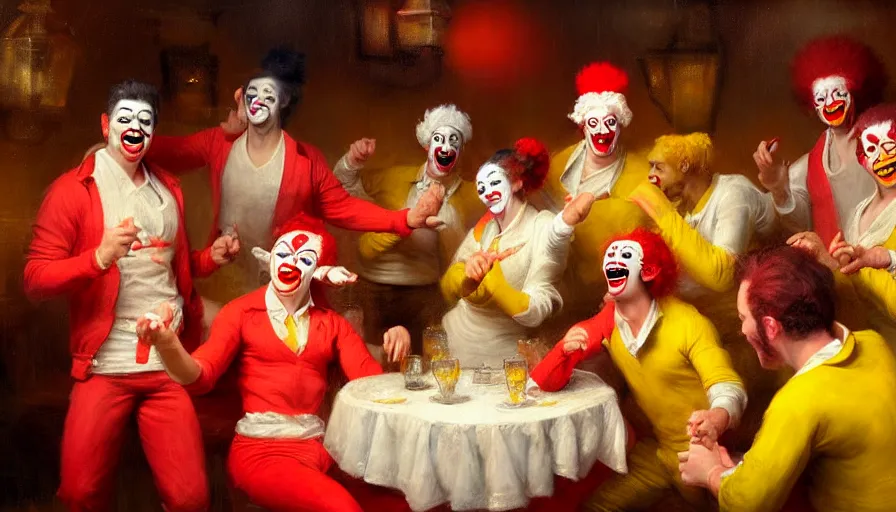 Image similar to highly detailed painting of a group of ronald mcdonalds with red afros, white facepaint, red noses and yellow tracksuits salsa dancing at a spanish tapas restaurant by william turner, by greg rutkowski, by william constable, thick brush strokes and visible paint layers, 4 k resolution