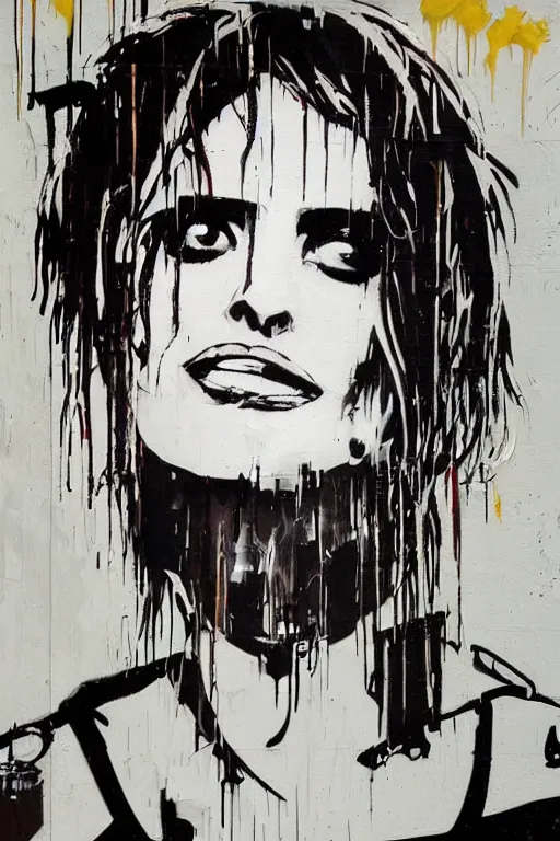 Image similar to graffiti, splash painting, portrait of penelope cruz, artwork by bansky