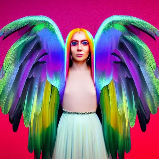 Prompt: very symmetrical portrait of a 1 9 6 0 s woman as a celestial opalescent translucent green cheek conure angel made of mother of pearl gleams like the setting sun!, oil slick, translucent ray tracing extremely detailed model rendered in blender, beautiful long straight hair