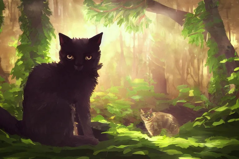 Prompt: cat in the forest, backlighting, digital art, trending on artstation, fanart, by kawacy