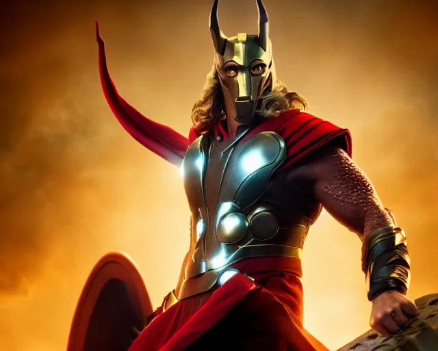 Image similar to a film still of beta ray bill in new thor movie, cinematic lighting, high resolution, 4 k