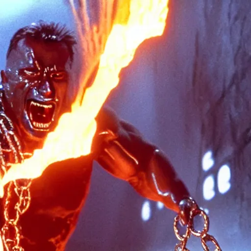 Prompt: film still of dwayne johnson descending into a molten metal pooll with chains and giving a thumbs - up in terminator 2 1 9 9 1, epic, volumetric lighting, hd, 8 k