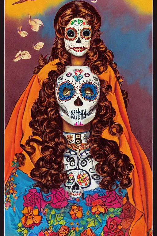 Prompt: Illustration of a sugar skull day of the dead girl, art by john philip falter