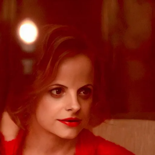 Image similar to a film still of mena suvari in the movie twin peaks in the red room, cinematic lighting, high resolution, 4 k