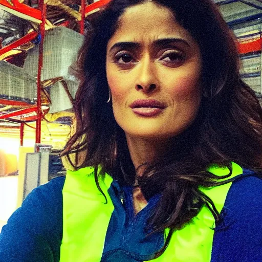 Image similar to photo, close up, salma hayek in a hi vis vest, in warehouse, android cameraphone, snapchat story screenshot, 2 6 mm,