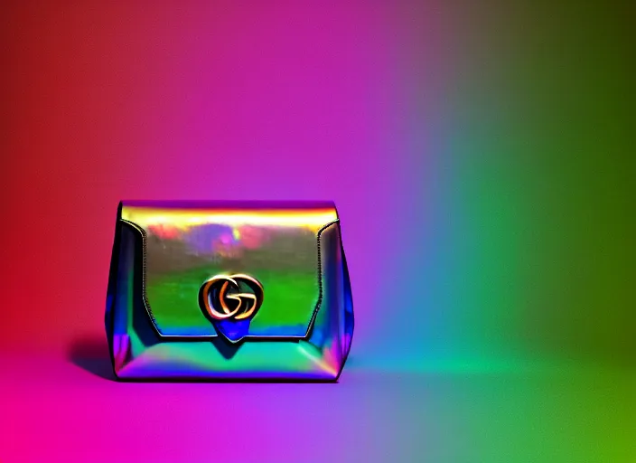 Prompt: futurist iridiscent bag, made by gucci, fashion design, xf iq 4, 1 5 0 mp, 5 0 mm, iso 2 0 0, 1 / 1 6 0 s, natural light, octane render, adobe lightroom, rule of thirds, symmetrical balance, depth layering, polarizing filter, sense of depth, ai enhanced