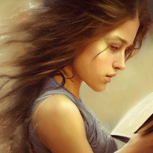 Prompt: an oil painting of a girl reading a book, her hair flowing down. detailed face, greg rutkowski, edward robert hughes, tony sart