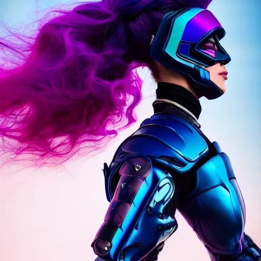 Prompt: a stunning upper body portrait of a beautiful woman with a ombre purple pink hairstyle with hair blowing in the wind wearing futuristic navy blue and teal battle bodyarmor and pauldrons by marvel comics, outrun, vaporware, action photography, movement, high shutter speed, highly detailed, fine detail, intricate, digital art, trending on artstation