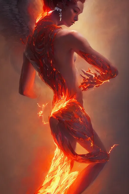 Image similar to torso of beautiful model wearing fire and lava dress, sorcerer, diamonds, angel, fantasy, dramatic lighting, highly detailed, digital painting, holding electricity, magic the gathering, hyper detailed, 3 d render, hyper realistic detailed portrait, peter mohrbacher, wlop, ruan jia