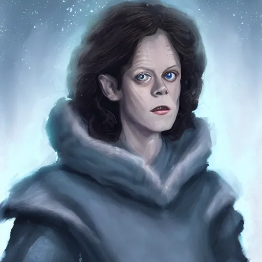 Prompt: young sigourney weaver as a d & d ice warlock, character portrait by wlop