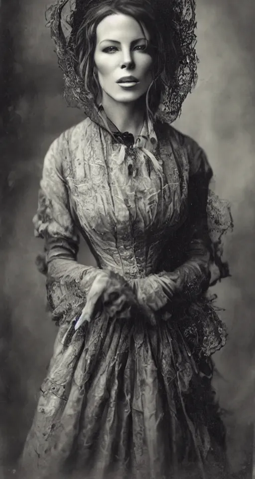 Prompt: wet plate photograph, a beautiful portrait of Kate Beckinsale dressed in victorian era clothes