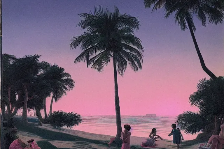 Prompt: vintage magazine illustration of a dreamy beach scene on a hot summer evening, by carel willink and gregory crewdson, pink sunset, simon stalenhag