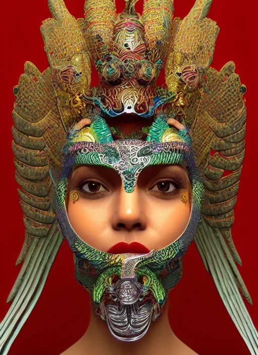 Image similar to 3 d goddess close - up profile portrait. beautiful intricate highly detailed mexican magpie helm and traditional mexican huipil! quetzalcoatl, stingray, bio luminescent, plasma, lava, ice, water, wind, stormy, creature, artwork by tooth wu and wlop and annie leibovitz, octane 3 d render