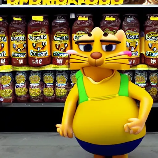 Prompt: garfield, garfield is selling vegemite