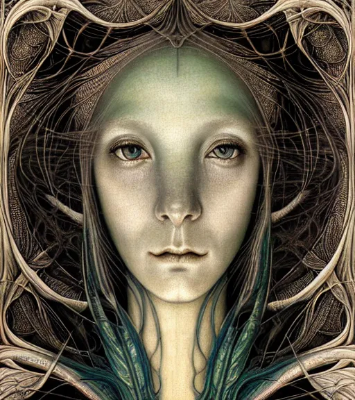 Image similar to detailed realistic beautiful mantis goddess face portrait by jean delville, gustave dore, iris van herpen and marco mazzoni, art forms of nature by ernst haeckel, art nouveau, symbolist, visionary, gothic, neo - gothic, pre - raphaelite, fractal lace, intricate alien botanicals, ai biodiversity, surreality, hyperdetailed ultrasharp octane render