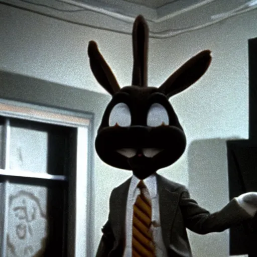 Image similar to Film still of Bugs Bunny in Twin Peaks (1990 TV Series, David Lynch), eerie, ominous, the black lodge (Twin Peaks)