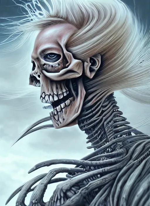 Prompt: realistic detailed image of a female skeleton warrior blonde hair blowing in an angry and stormy battle scene, anime art, anime, inspired by H.R. Giger and Zdzislaw Beksinski and Mark Ryden, gothic, rich deep colors. A masterpiece, matte painting, digital art, trending on artstation.