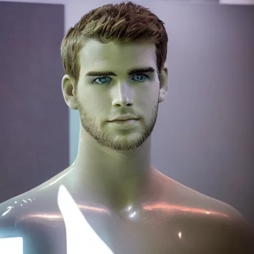 Image similar to “a realistic detailed photo of a guy who is an attractive humanoid who is half robot and half humanoid, who is a male android, actor Liam Hemsworth, shiny skin, posing like a statue, blank stare, at the museum, on display”