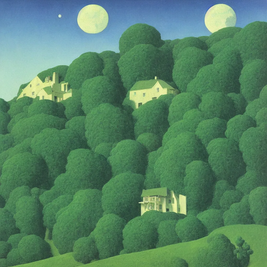 Prompt: painting of a small green house on a hill, with a forest behind it and the moon setting, by maxfield parrish, by rene magritte