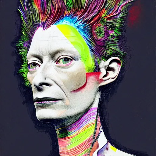 Image similar to a realistic yet sketched punk neon tilda swinton, trending on artstation, by archan nair and marlene dumas, intricate details, flowers, in the style of frank auerbach, in the style of martin ansin, in the style of david aja, by kandinsky