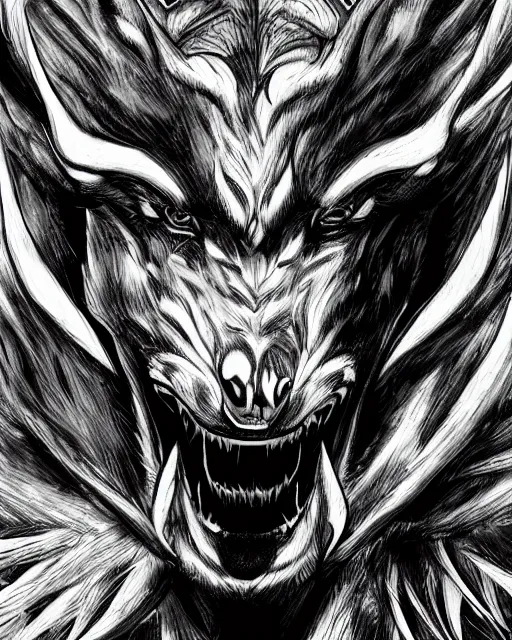 Image similar to A minotaur wolf, black and white, epic, highly detailed face, close-up, fantasy art, dragon art, in the style of masami kurumada, illustration, epic, fantasy, intricate, hyper detailed, artstation, concept art, smooth, sharp focus, ray tracing