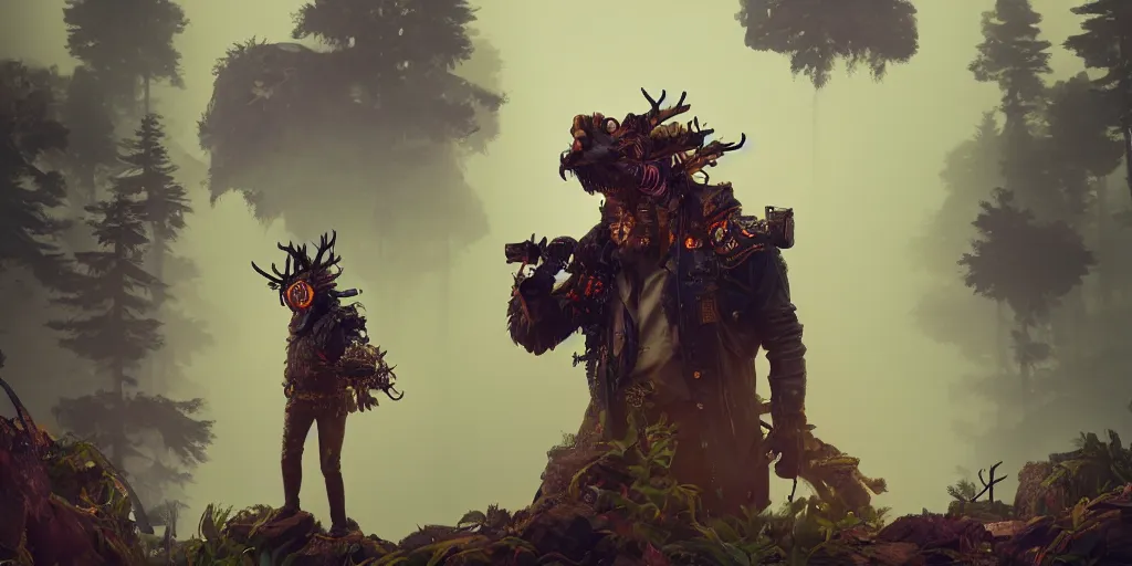 Prompt: woodsman wearing a steampunk and neonpunk mechanical fluorescent mystical animal mask in strange misty mountain landscape. fight with night monsters, night, realism in style of fornite game, 4 k, octane render, artwork by tooth wu and wlop and beeple and greg rutkowski, ambient occlusion, award winning photograph, epic cinematic shot