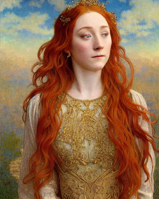 Image similar to intricate art nouveau oil painting of redheaded young saoirse ronan or redheaded millie bobby brown with long hair blowing in the wind, wearing an intricate gold lace dress, highly detailed, intricate, elegant, digital painting, smooth, sharp focus, illustration, ultra realistic, 8 k, by bouguereau, alphonse mucha, artgerm, and donato giancola