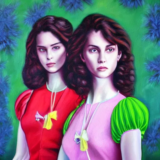 Prompt: a highly detailed painting. 1987-era Prince behind two beautiful twin sisters. Prince is green with jealousy. Photorealistic. Trending on Artstation.