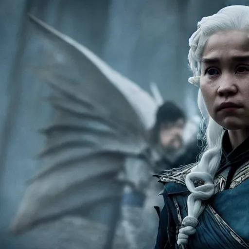 Image similar to justin sun as daenerys game of thrones, 4 k, epic, cinematic, focus, movie still, fantasy, serious, extreme detail, atmospheric, dark colour, sharp focus