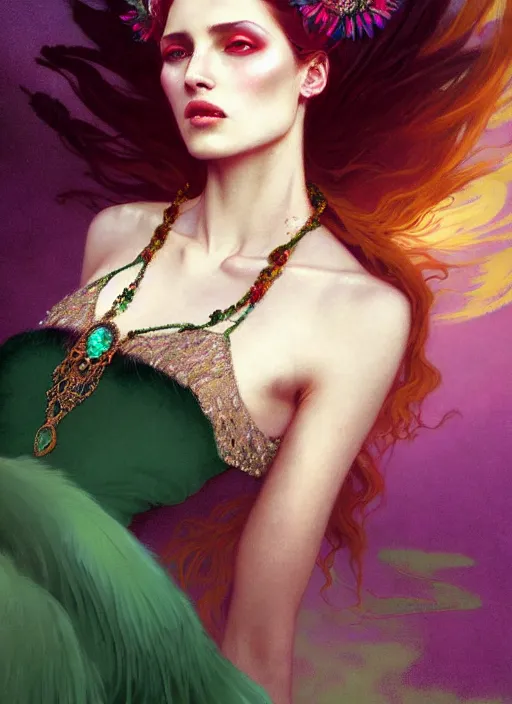 Image similar to ombre velvet gown, emerald, feathers, lovely bohemian princess, portrait, long hair, tiara, dozens of jeweled necklaces, feral languid woman, by greg rutkowski, brom, anato finnstark, alphonse mucha