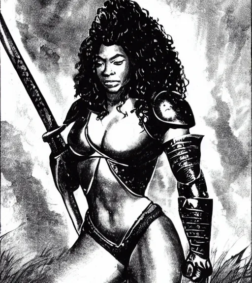 Image similar to 1 9 8 0 s fantasy novel book cover, amazonian la'tecia thomas in extremely tight bikini armor wielding a cartoonishly large sword, exaggerated body features, dark and smoky background, low quality print