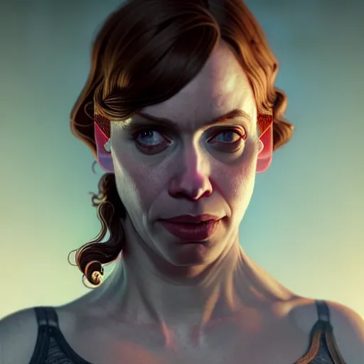 Image similar to highly detailed upper body portrait christina hendricks in gta v, stephen bliss, unreal engine, fantasy art by greg rutkowski, loish, rhads, ferdinand knab, makoto shinkai and lois van baarle, ilya kuvshinov, rossdraws, tom bagshaw, global illumination, radiant light, detailed and intricate environment