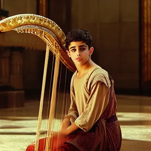 Prompt: handsome 17 year old middle-eastern skinned boy in a Biblical outfit playing an ancient harp, lyre. Tranquil, cinematic lighting, directed by Steven Spielberg