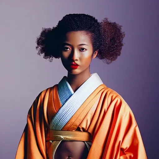 Prompt: “ portrait of a beautiful young african - asian female model wearing a kimono. golden hour. zeiss 1 5 0 mm f 2. 8 hasselblad, award - winning photo. ”