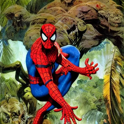 Prompt: color portrait of spiderman in the jungle by frank frazetta, great likeness ! asthetic ! detail !