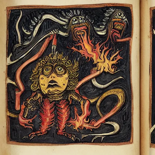 Image similar to medieval bestiary of repressed emotion monsters and creatures starting a fiery revolution in the psyche, in the style of Carlos Victor Ochagavia