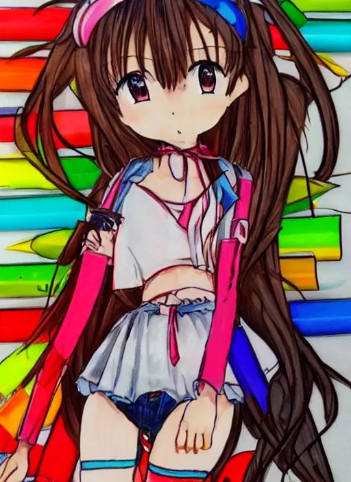 Image similar to drawn anime girl, cute outfit, posing, crayon art, very silly looking, very anime