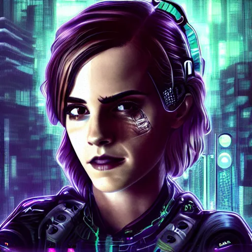 Image similar to emma watson cyberpunk art