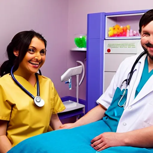 Prompt: photo of a happy patient and doctor or nurse in a medium care hospital room made out of soft candy, candy hospital equipment, candy hospital room, candy treatments, oompa loompa virus, willy wonka pandemic