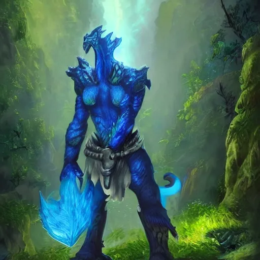 Image similar to A dragonborn with blue scales in a rainforest, trending on artstation, digital art