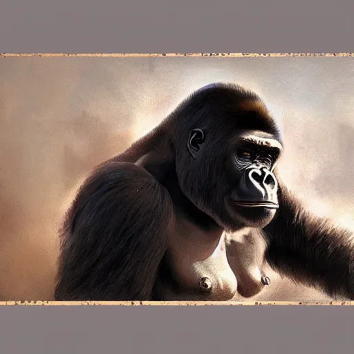 Image similar to a painting of a gorilla, greg rutkowski, cinematic lighting, hyper realistic painting