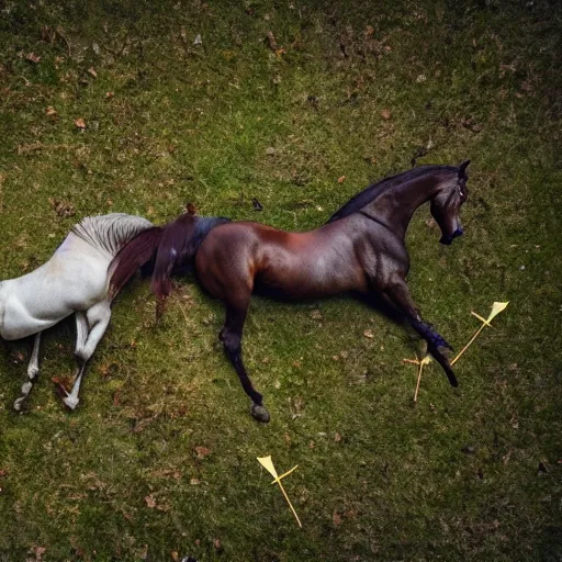 Image similar to two dead horses'body lying on the woods'path, and each horse body has some arrow on it, photo, 8 k