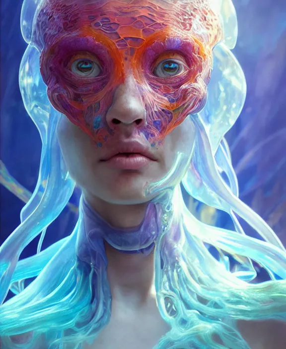 Prompt: colorful transparent portrait of a terrifying beautiful alien sea creature, mottled coloring, adorable, childlike, biopunk environment, ultra realistic, concept art, art nouveau, photorealistic, octane render, 8 k, unreal engine. art by christopher marley and artgerm and greg rutkowski and alphonse mucha